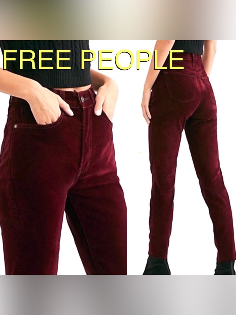 NWT Free People BUTTON FLY Stella Maroon Velvet Skinny Jeans size 25